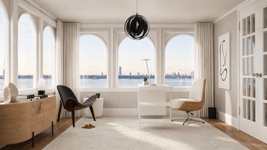 Minimalist home office mood board with warm wood tones, a black lounge chair, and a clean desktop by The Interior Continuum