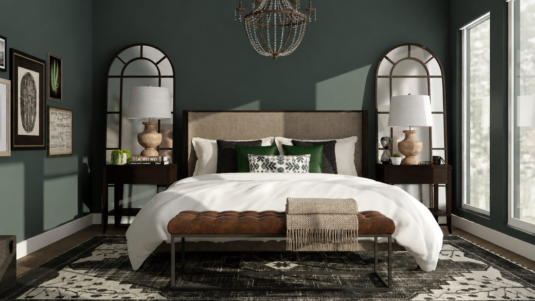 Moody industrial glam bedroom mood board featuring deep green walls, warm leather textures, black metals, and dramatic lighting by The Interior Continuum