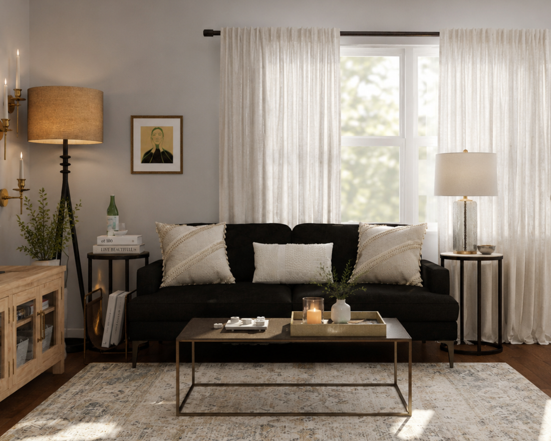 Multifunctional living room mood board with vintage modern and soft contemporary concepts featuring chesterfield sofas and layered textures