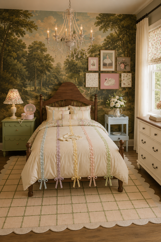 Vintage storybook bedroom with sage green and powder blue furniture, floral art, and forest mural