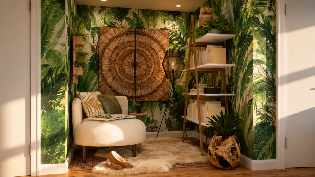 Jungle-inspired reading nook mood board with warm wood tones, woven artwork, and lush botanical wallpaper by The Interior Continuum