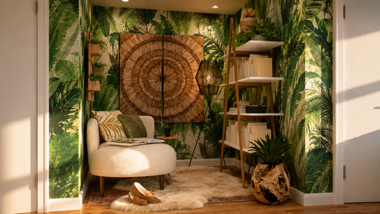 Jungle-inspired reading nook mood board with warm wood tones, woven artwork, and lush botanical wallpaper by The Interior Continuum