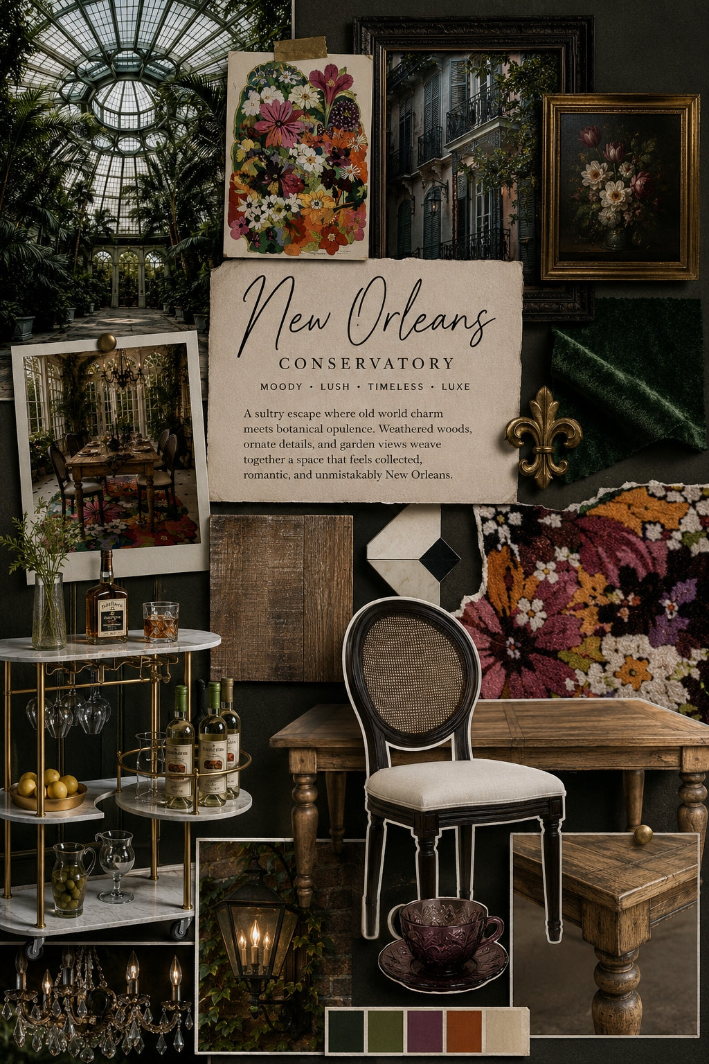 La Rosa Chesterfield-inspired conservatory interior with lush greenery, aged wood, floral textiles, and candlelight — a mood board by The Interior Continuum