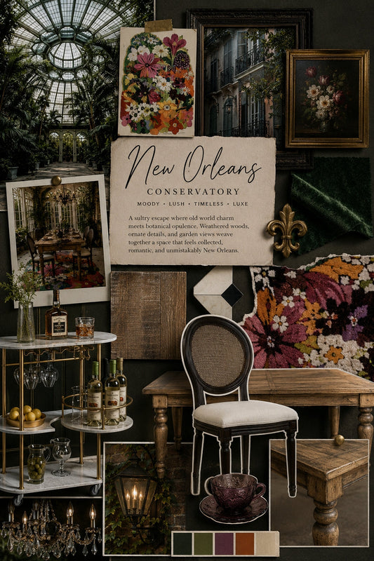 La Rosa Chesterfield-inspired conservatory interior with lush greenery, aged wood, floral textiles, and candlelight — a mood board by The Interior Continuum
