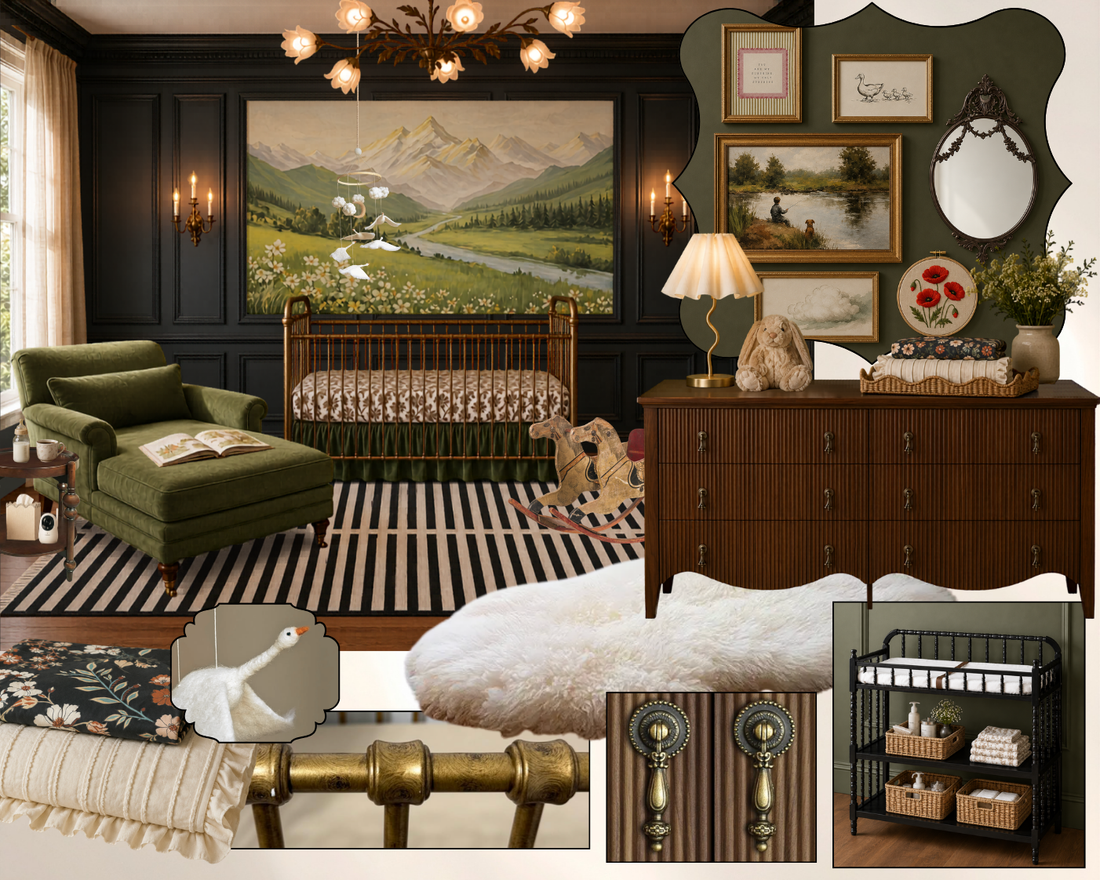 Dreamy nursery mood board inspired by French and Czechoslovakian heritage with a brass crib, vintage artwork, rocking horse, and landscape mural
