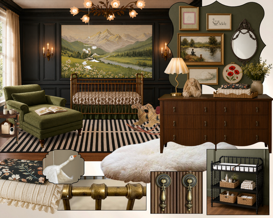 Dreamy nursery mood board inspired by French and Czechoslovakian heritage with a brass crib, vintage artwork, rocking horse, and landscape mural