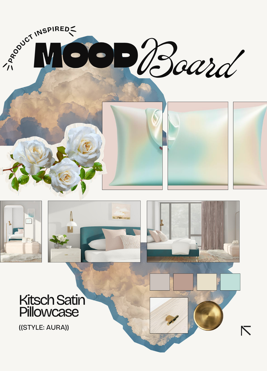 A mood board created by the designer at The Interior Continuum featuring curated home décor pieces including a satin pillowcase, brushed brass wall sconce, and nightstand