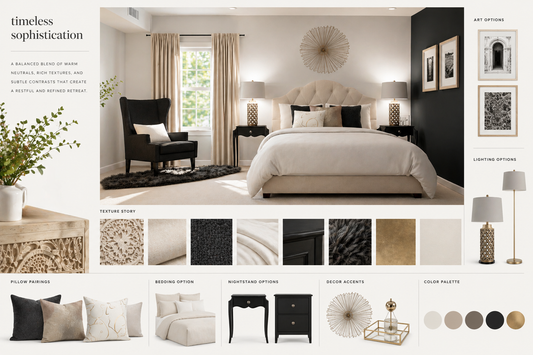 Elegant interior design featuring soft neutrals, sculptural furniture, and black accent pieces
