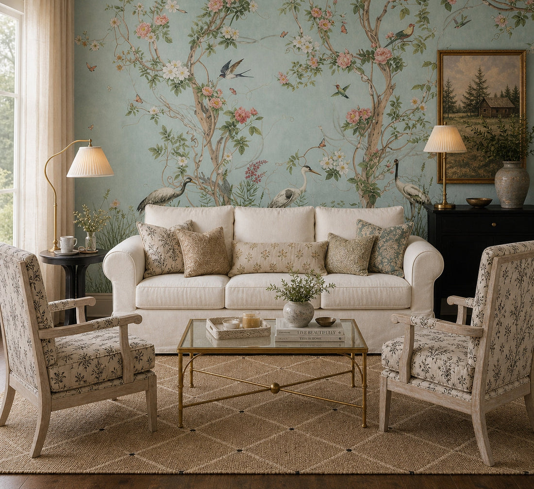 Vintage charm living room design with soft neutral sofa, floral accent chairs, brass coffee table, and botanical mural