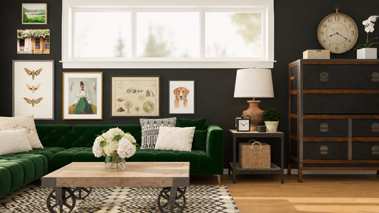 NYC small apartment mood board with a green velvet sectional, rolling coffee table, and hidden storage solutions by The Interior Continuum