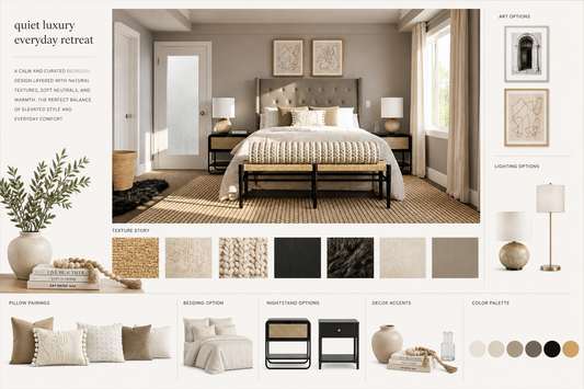 Quiet luxury bedroom mood board featuring high contrast tones, upholstered furniture, and woven textures