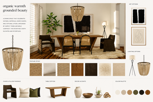 Sensory dining room mood board featuring woven textures, warm neutrals, and tactile materials designed for a client with autism