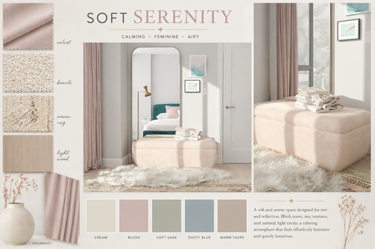 Soft serenity interior design mood board featuring layered neutrals, a statement mirror, and intentional textures