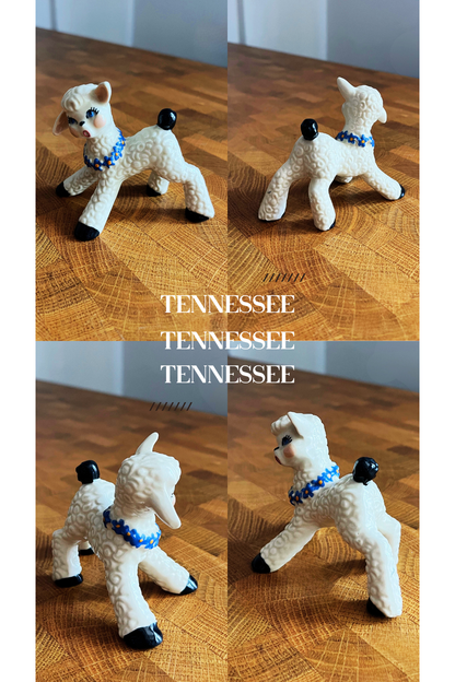 White dog figurine with a blue collar on a wooden surface, repeated four times.