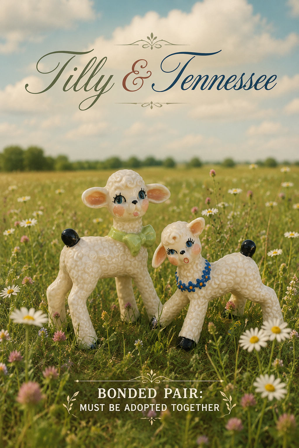 Two knitted sheep in a field with 'Tilly & Tennessee' branding.