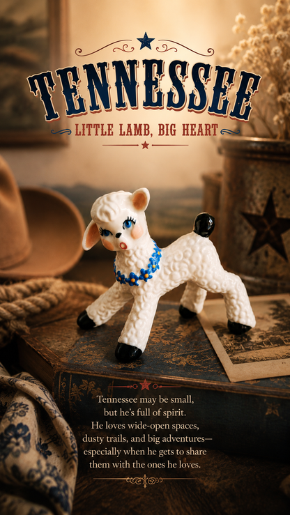 Toy lamb with decorative elements on a rustic background, featuring text about Tennessee.