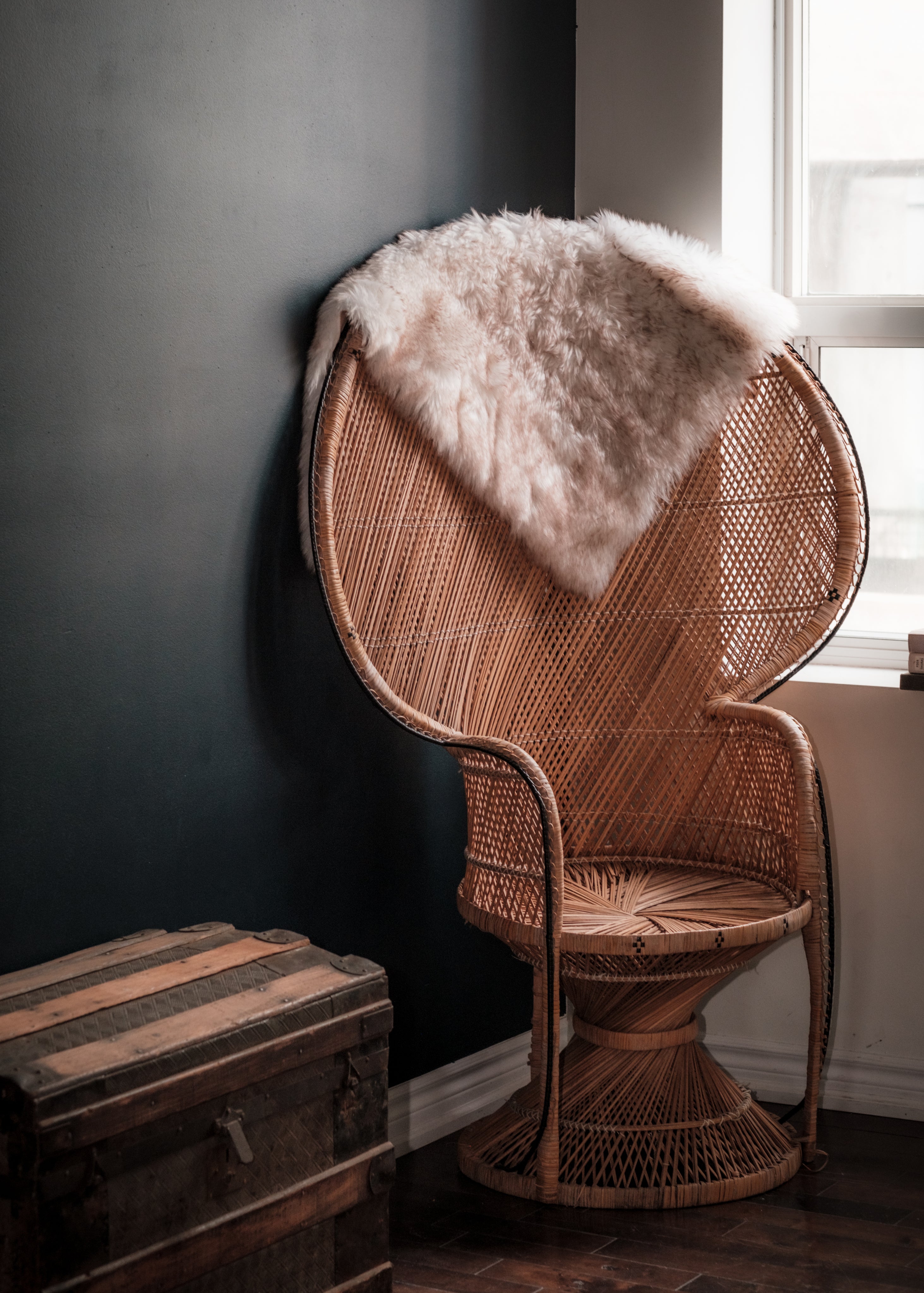 brown-wicker-peacock-chair-on-the-corner-of-a-room