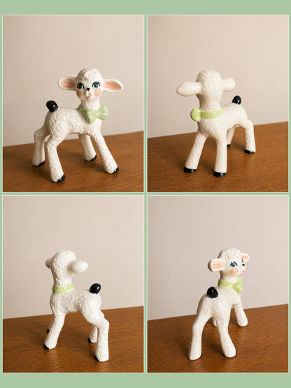 Four views of a small white toy sheep with a green bow tie on a wooden surface.